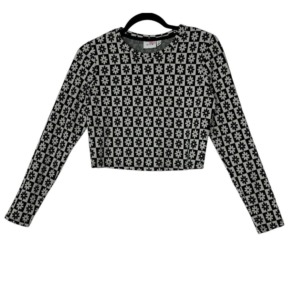 VILA Blouse Women Medium Top Flower Crop Long Sleeve Bohemian Cozy Soft Stretch